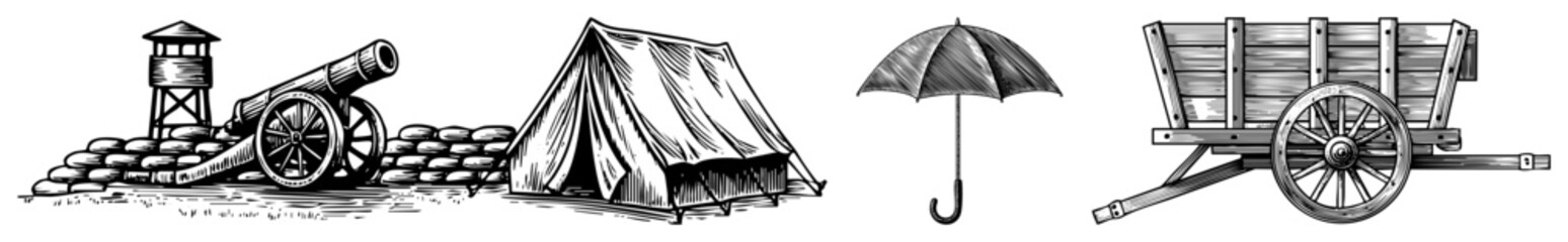 Fototapeta premium Historical battlefield setup featuring cannon on sandbags, tent, parasol umbrella, and wooden wagon, rendered in art.