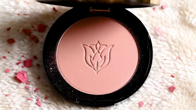 Top Down Timelapse Of Shattered Makeup Powder Compact Reforming Into Smooth Matte Surface With Embossed Logo And Clean Mirror