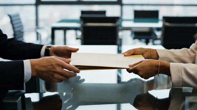 Hands exchanging folder silently across table, trust-based professional interaction