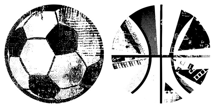 Retro styled soccer ball and basketball with halftone texture, athletic symbols, sports graphics, vector art, classic design, game, team.