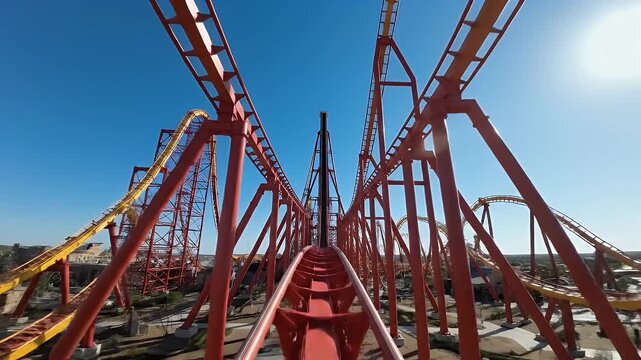 A first-person perspective on a red and yellow rollercoaster track against a clear blue sky