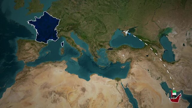 Airplane Flight Path Animation from the United Arab Emirates to France across the Middle East