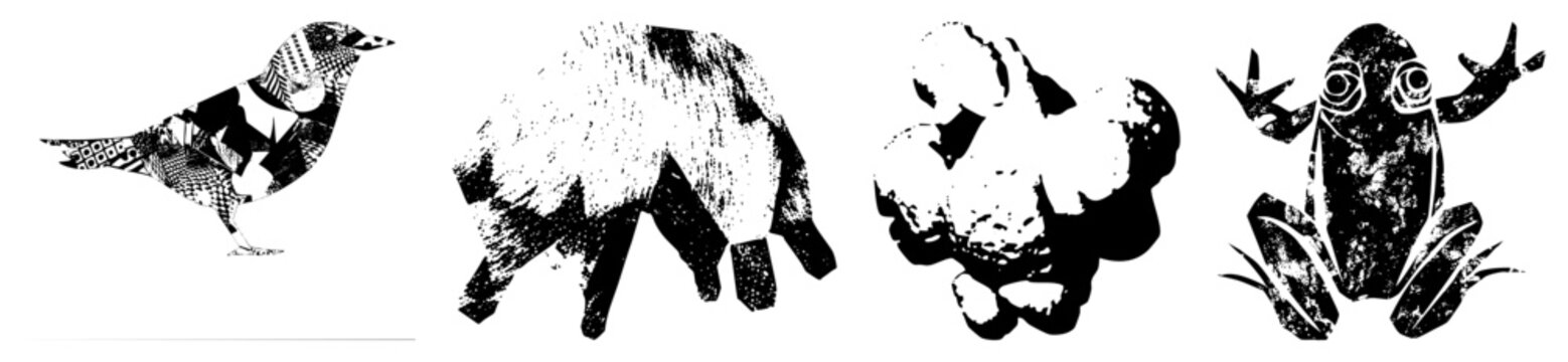 Four bold black and white vector animals bird, textured bear, halftone duck, expressive eyed frog. Flat, high contrast design.