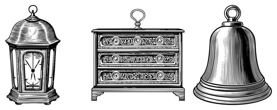 Antique clock with glass face, carved wooden chest, brass bell, engraved, vintage decor, black and white illustration, classic engraving style.