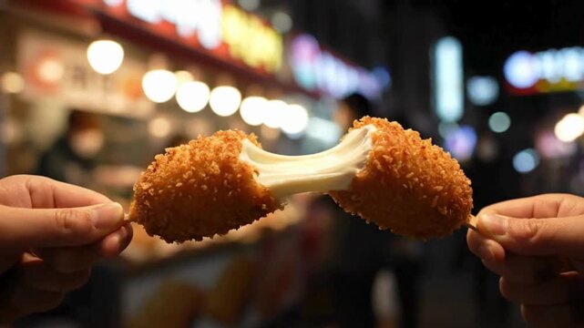 Gooey Cheese Stuffed Hot Dog Sausage Covered in Crispy Breadcrumbs, a Delicious Street Food Snack at Night Market
