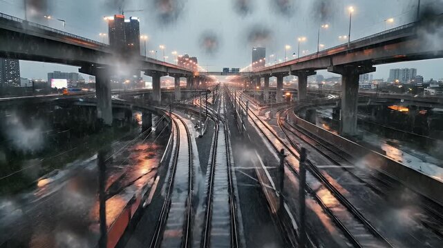 Cityscape with elevated roadways and train tracks under overcast sky and rain