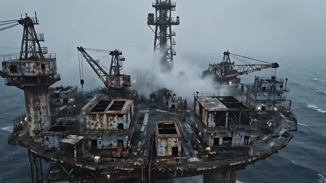 A decrepit offshore oil platform is battered by waves during a storm. Stormy sky & ocean