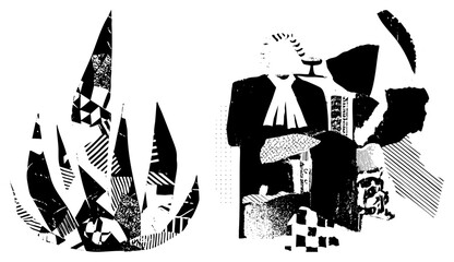 Fototapeta premium Stylized judge or lawyer silhouette with gavel and books, juxtaposed with fragmented flame shapes, rendered in bold black and white halftone and textures.