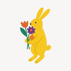 Fototapeta premium Yellow bunny holding colorful flowers.
