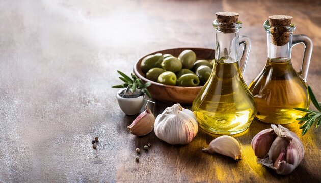 mediterranean cooking ingredients with olive oil and garlic
