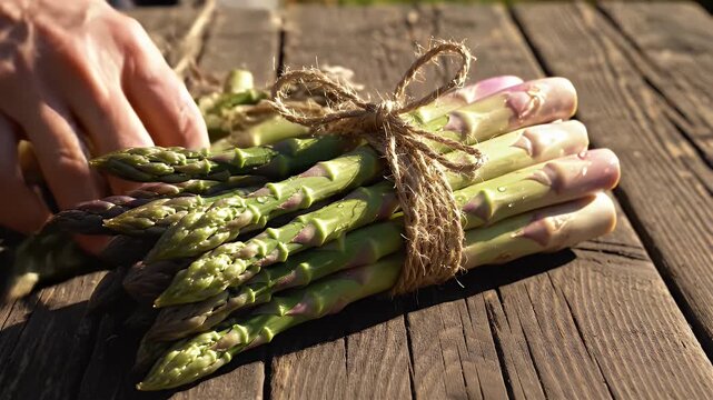 A bundle of fresh asparagus spears, tied with twine, rests on a rustic wooden surface