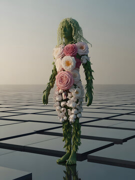 Surreal green humanoid figure adorned with vibrant flowers standing on modern geometric tiles