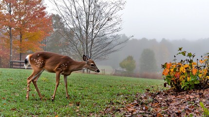 Young Deer Grazing in Misty Landscape Surrounded by Autumn Foliage and Fog in Peaceful Nature Scene