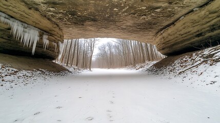 Serene Winter Landscape Under Natural Stone Arch with Icicles and Snow-Covered Pathway in a Forest Setting