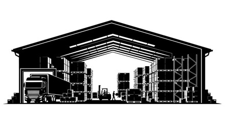 Busy warehouse scene with truck and forklift loading shipping containers