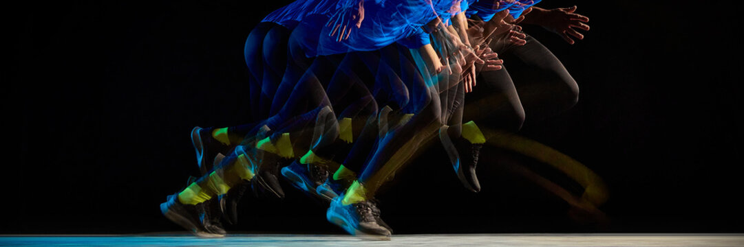 Stroboscopic runner motion with layered movement on dark background. Concept of speed, acceleration, dynamic energy, athletic performance, time sequence, and human motion visualization. Banner