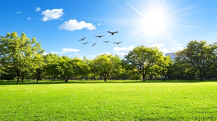 Vibrant Green Park Under Clear Blue Sky with Bright Sunlight and Birds Flying in the Distance