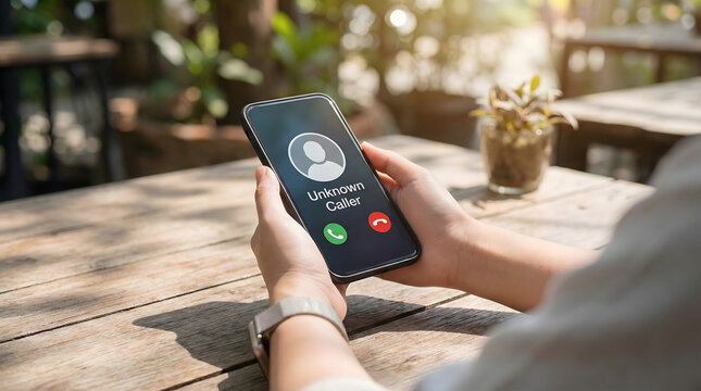 Person holding smartphone with unknown caller screen,potential scam spam call warning,telemarketing fraud risk,suspicious phone number ID,mobile communication privacy threat.