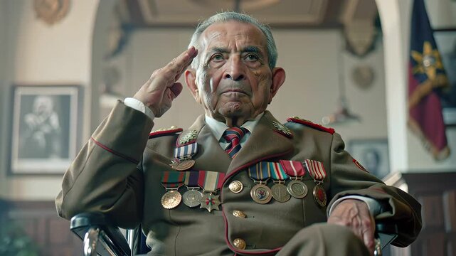 Veteran seated in honoured space, salute preserving legacy of courage and duty, legacy visible in every medal and framed photograph, legacy not spoken but deeply felt in stillness and reverence.