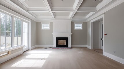 Fototapeta premium Spacious and Bright Empty Living Room with Modern Ceiling Design and Fireplace in a Contemporary Home