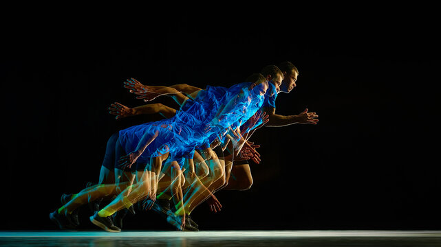 Stroboscopic sprint start with overlapping runner motion on black background. Concept of explosive launch, forward drive, reaction speed, kinetic energy transfer, high performance athletic movement.