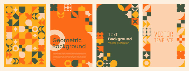 Naklejka premium Colorful Banners in Bauhaus style. Geometric Abstract Designs of simple Geometric Shapes in Swiss style for Poster, Flyer, Cards. Vector templates.