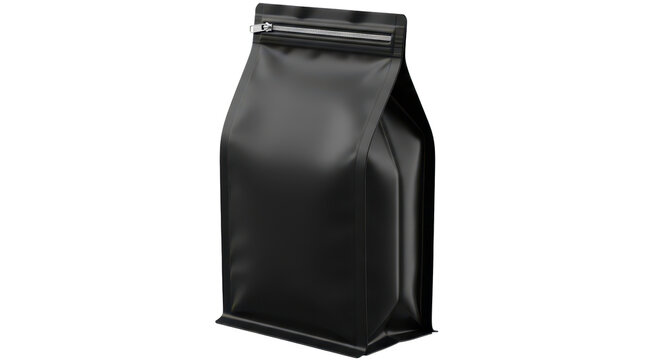 Black coffee bag or snack pouch mockup with zipper. Stand up doypack. Isolated on transparent background, png