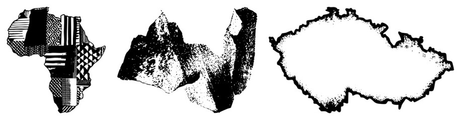 Obraz premium Continent silhouettes decorated with tribal textiles, halftone shading, and minimalist, representing Africa, Asia, and Europe in graphic design.