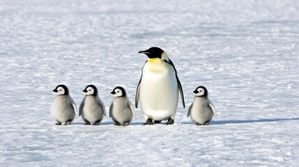 Adorable Emperor Penguin Family on Icy Landscape with Snowy Background and Fluffy Chicks Walking Together in Harmony