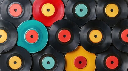 Colorful Collection of Vinyl Records Arranged in a Vibrant Pattern for Music Enthusiasts and Retro Decor