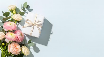 Flower and gift background, creative concept. International Women&rsquo;s Day, Mother&rsquo;s Day beautiful spring floral greeting card. Bright image with blooming flowers, natural beauty.