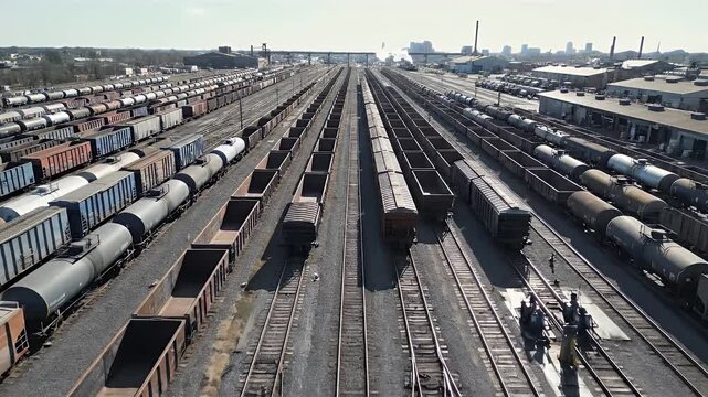 Aerial view of a large train yard with numerous freight cars and railway tracks