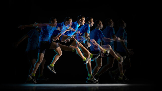 Athlete jump and run cycle in stroboscopic motion. Concept of explosive training drills, plyometric practice, speed development routines, modern fitness content, and high intensity workout design.