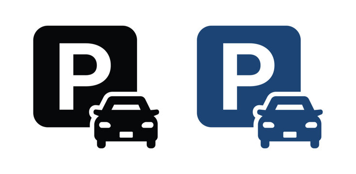 Parking Sign Icon Set with Car Symbol &ndash; Black and Blue Parking Symbols, Public Parking Illustration, Vector Style Transportation Signage.