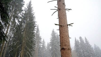 Misty Forest Scene with Tall Pine Trees Surrounded by Fog and Snowy Landscape in Winter Atmosphere