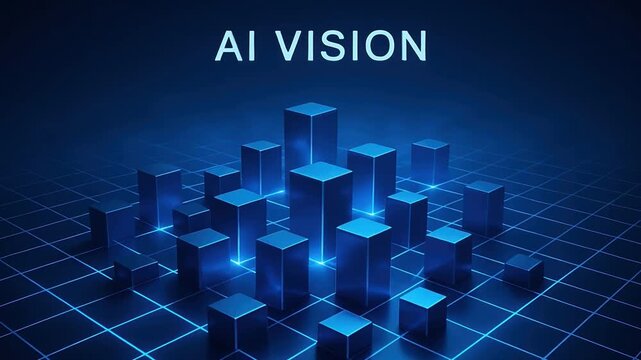 Futuristic grid digital block glowing particle abstract background with AI vision blue technology data structure concept