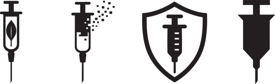 Syringe and injection icon set with solid flat pictograms isolated on white background.