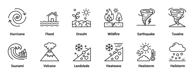Natural disaster line icon collection featuring symbols for hurricane, flood, drought, wildfire, earthquake, tornado, tsunami, volcano, avalanche, heatwave, and hailstorm in a minimalist style