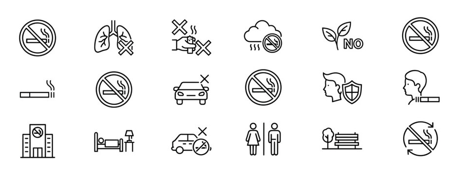 Set of black line icons about smoking prohibition, including signs for public places, health warnings, and quitting symbols in a minimalist vector graphic style