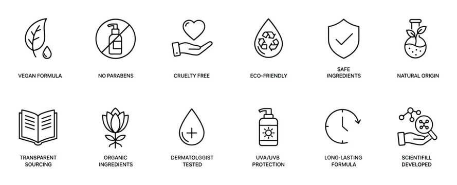 Set of black line art icons representing cosmetic product features like vegan, cruelty free, organic, and eco-friendly for packaging and marketing in a clean minimalist style