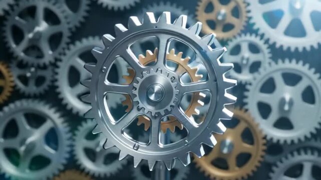 Close-up of a silver gear with intricate teeth in focus against a blurred background of various metallic gears layered in shadows and light