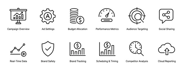 Set of twelve black line icons for digital marketing and advertising campaigns, featuring symbols for budget, performance, targeting, data, and reporting in a clean minimalist style