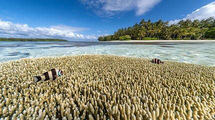 Vibrant Coral Reef with Colorful Fish in Crystal Clear Tropical Waters Under a Bright Blue Sky