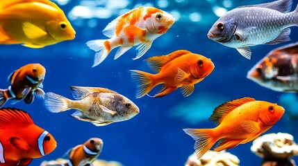 Colorful Tropical Fish Swimming in Vibrant Aquarium with Coral Decorations and Clear Blue Water Background