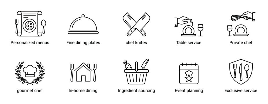 Set of ten black line icons for private chef services, including personalized menus, fine dining, and gourmet cooking for exclusive events, presented in a minimalist outline style