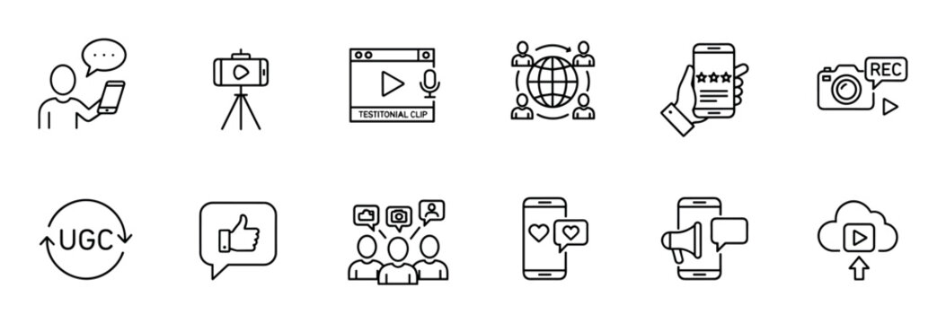 User generated content line icon set showing testimonials, reviews, social media, vlogging, and community feedback symbols for digital marketing