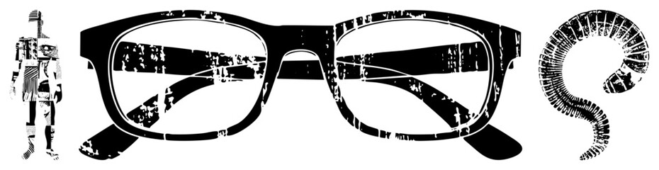 Retro eyewear with worn texture, paired with stylized human figure and spiral motif, graphic design, vector art.