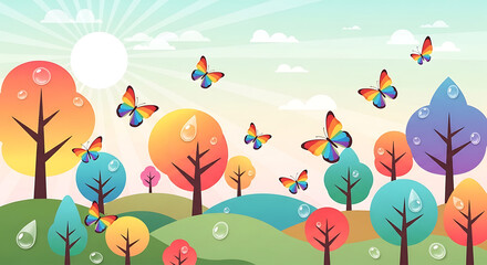 Naklejka premium A vibrant cartoon landscape with colorful trees, butterflies, and raindrops under a bright sun.