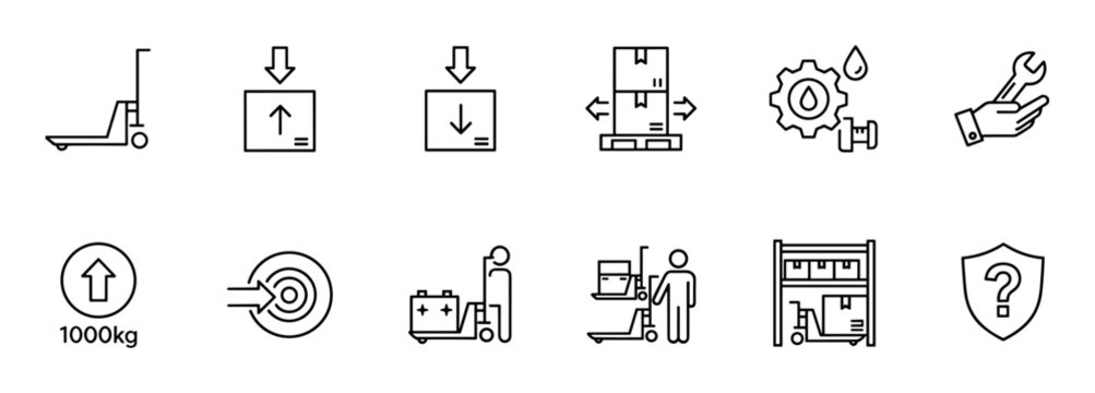Set of black line icons for warehouse, logistics, and shipping operations, including a pallet jack, cargo boxes, maintenance tools, weight capacity, and worker pictograms