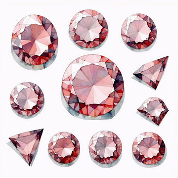 Isolated pink gemstones of various shapes on a white background in flat, cartoon-style illustration